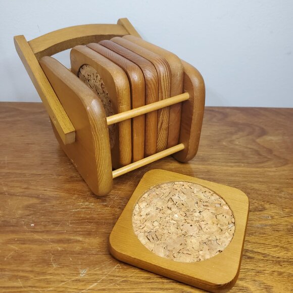 Vintage Wooden Coaster Set with Holder – 6 Cork-Insert Coasters, Mid-Century Rus - Picture 2 of 10